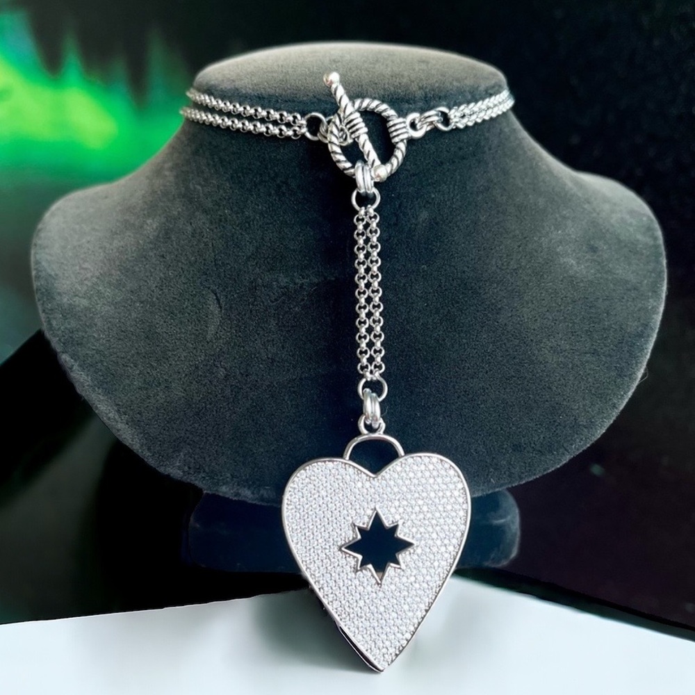 Clear cubic zirconia rhinestone cz heart silver lariat Y shape necklace - Picture 2 of 11